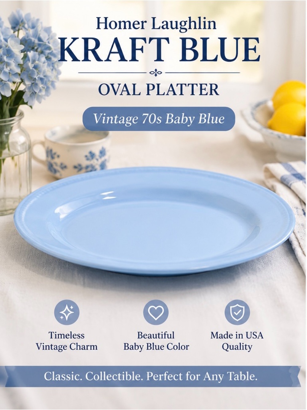 Homer Laughlin Kraft Blue Oval Platter Vintage 70s Baby Blue